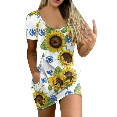 

Juebong Women V Neck Short Sleeve Dresses Casual Gradient Printed Loose Fit T-Shirt Tunic Short Dress Pajamas With Pockets