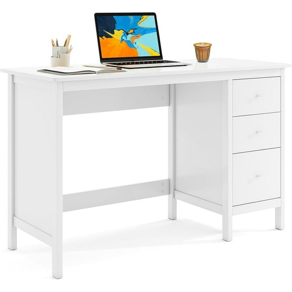 POWERSTONE Computer Desk with 3 Drawers, 48"x20" Storage Office Desk for Home Office Bedroom, Large Study Writing Desk Workstation (White)