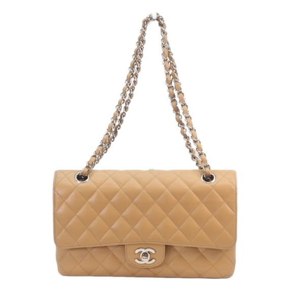 Pre-Owned CHANEL A01112 Beige Caviar Leather Matelassé 25 Shoulder Bag with Silver Hardware...