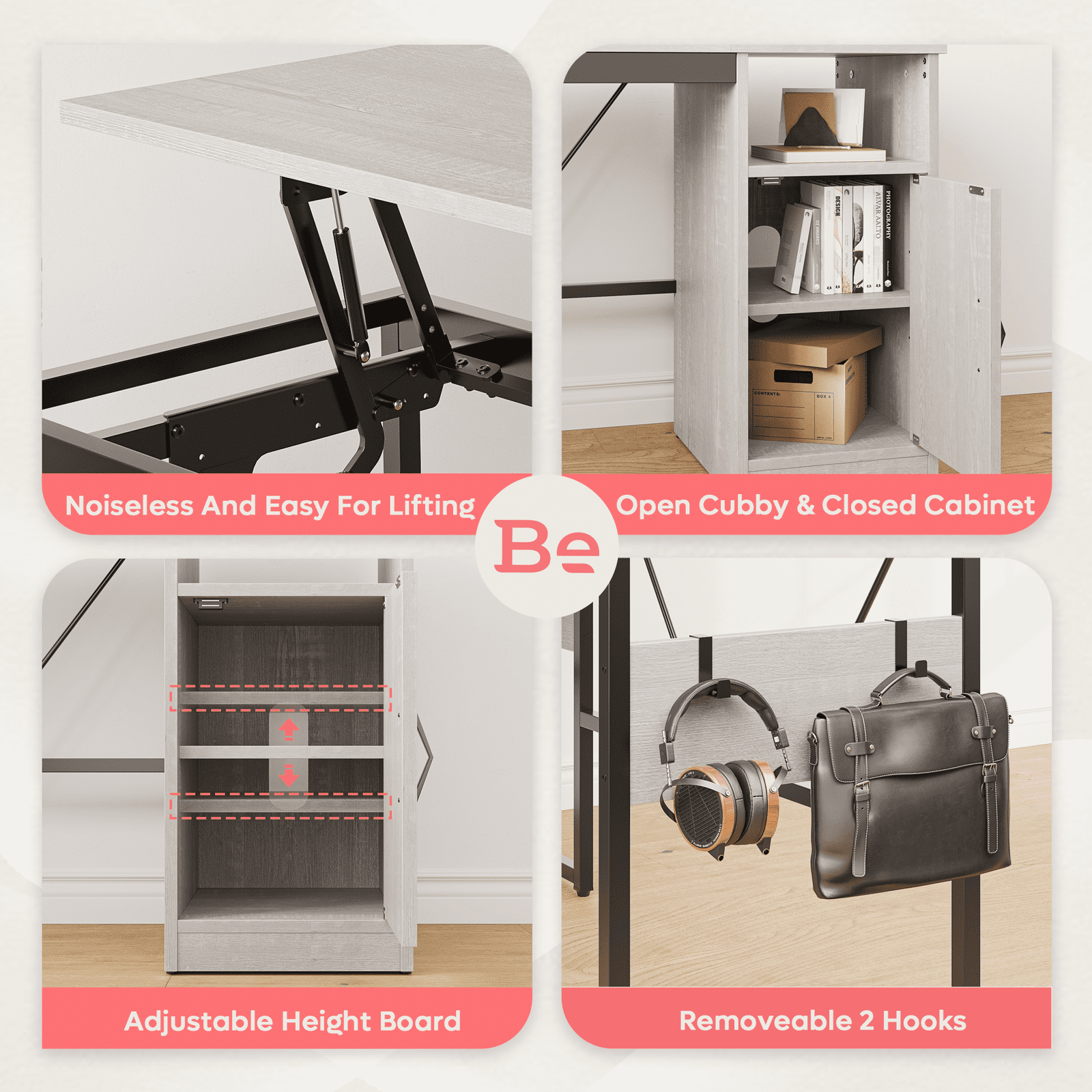 Bestier Versatile 60 Inch L-Shaped Standing Desk, Lift Top Corner Desk Extending to 95 Inches with Storage Cabinet and Hooks for Home Office, Washed White