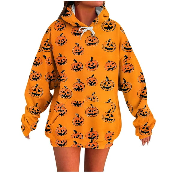 Halloween Oversized Hoodies for Women Funny Graphic Sweat Shirts Fall Loose Pullover Long Sleeve Sweater Orange, XL