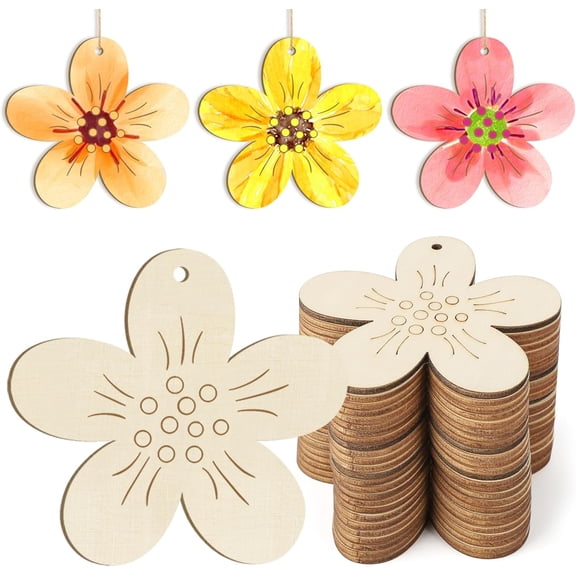 Wooden Flower Ornaments to Paint Easter Spring Decoration Cutouts Unfinished 20PCS 3.5 x 3 inches, DIY Blank Unfinished Christmas Tree Wood Discs Ornament for Home Crafts Hanging