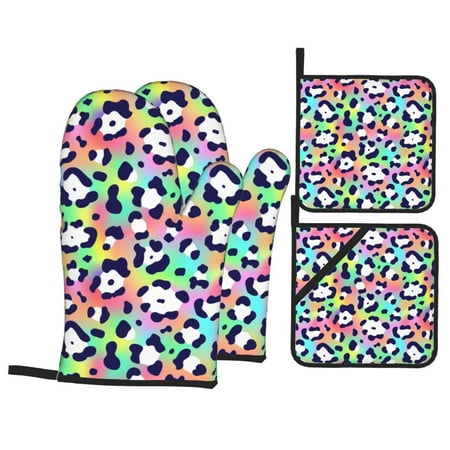 

Oven Mitts and Pot Holders Sets 4 pcs Trendy rainbow cow print Non-Slip Oven Gloves Potholders Soft Quilted Lining Heat Resistant Gloves Hot Pads for Kitchen Cooking Baking