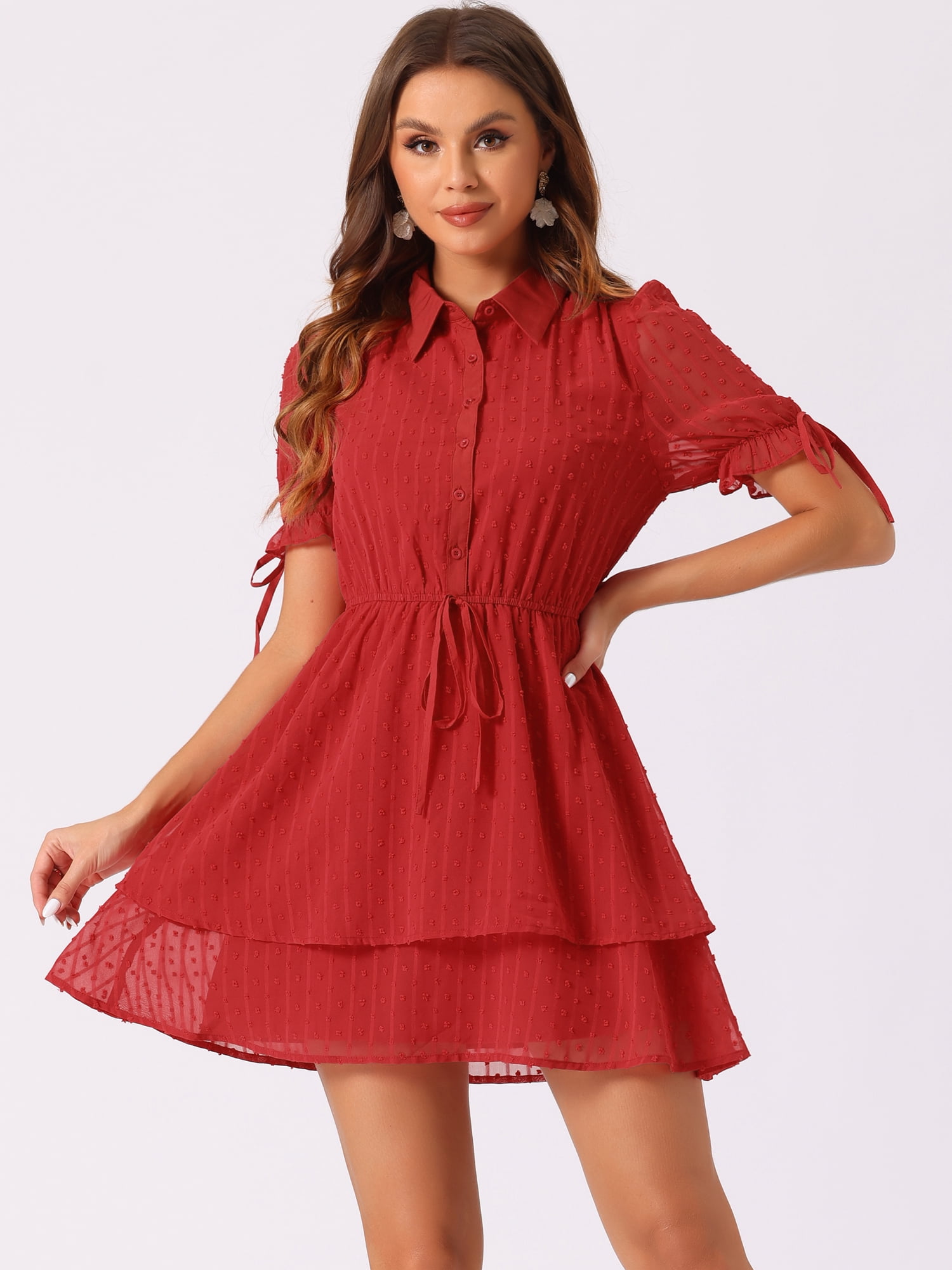 DARING DIVA Solid Short Sleeve A-Line Shirt Dress L Red