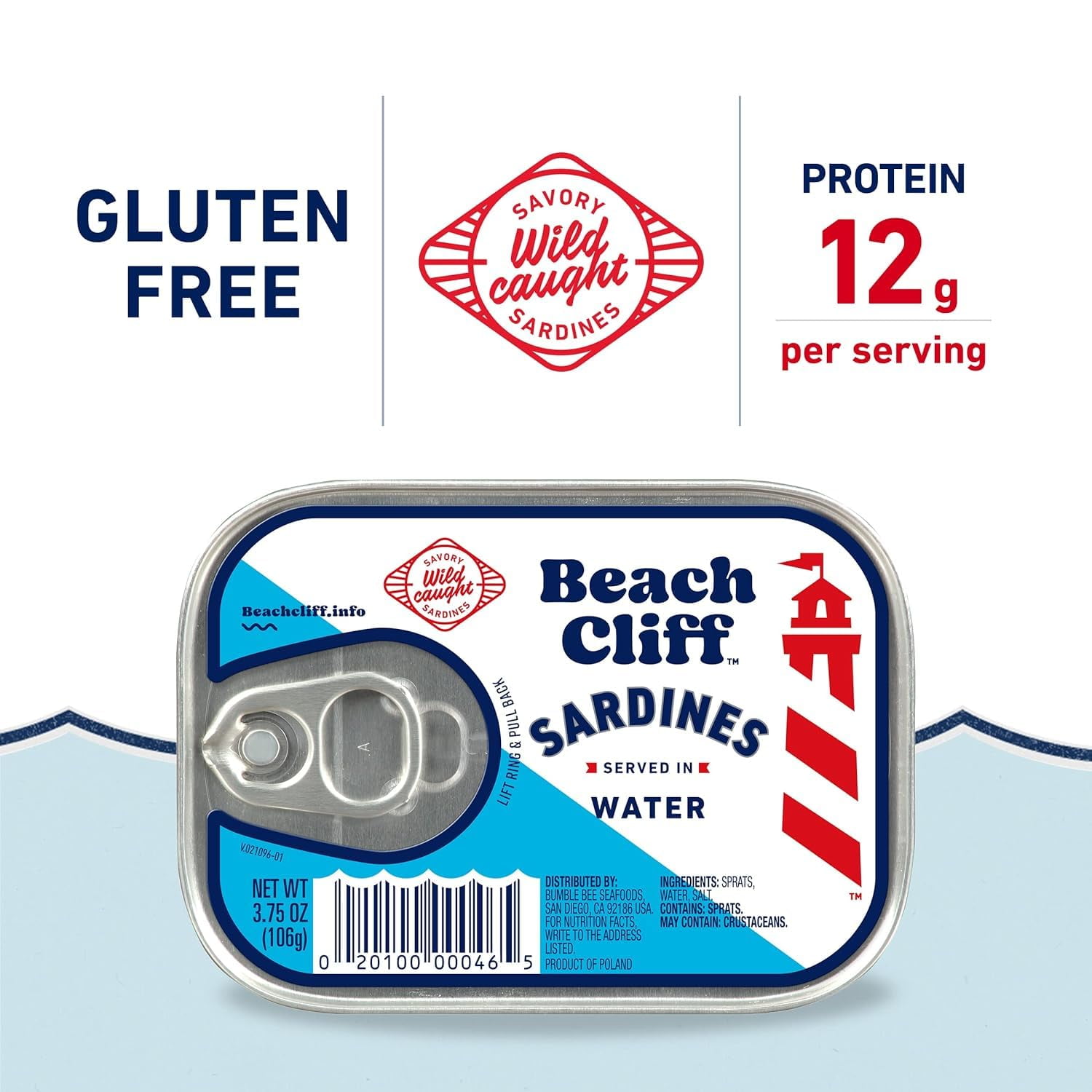 Beach Cliff Sardines in Water, 3.75 KKS1&nbsp;oz Can (Pack of 12) - Wild Caught Sardines - 12g Protein per Serving - Gluten Free, Keto Friendly