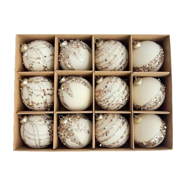 12 bolas navideñas brillantes de 6 cm con paquete, decoraciones colgantes para festivales. Beige