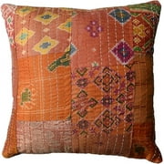 Rajbhoomi 16" Kantha Pillow Case - Cushion Cover Patola Sari Patchwork Throw Ethnic Sofa Cover Handmade Pillow Cover Decorative Cushion Cover Orange Color 2 Pcs