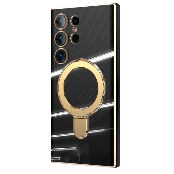 Designed for Samsung Galaxy S26 Ultra Case, with 360° Rotatable Magnetic Invisible Stand [Compatible with MagSafe] Gold Plating Edge Soft TPU Shockproof Protective Case for Women Men - Black