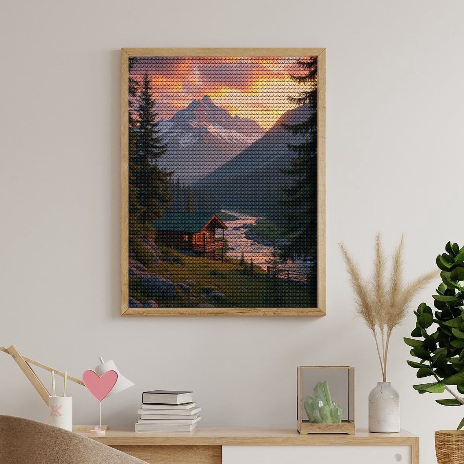 Diamond Art Kits for Adults, Mountain Cabin Sunset River Scene 5D Diamond Painting Kits for Adults Beginners, DIY Full Drill Diamond Painting, Gem Art and Crafts 12x16