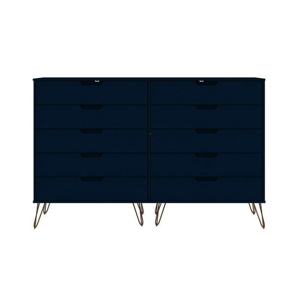 Manhattan Comfort Rockefeller 10 Drawer, Navy Blue And Grey Dresser With Gold Hardware
