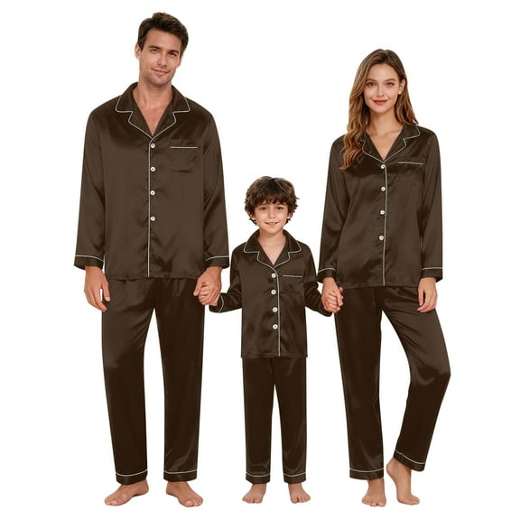 IWRICH Christmas Pajamas for Family Silk Satin Holiday Matching Set Long Sleeve Button down Comfy Two Piece Loungewear Men XL