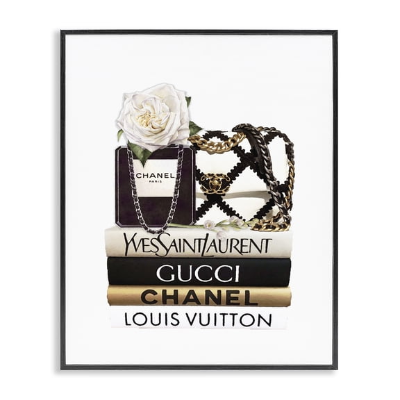 Stupell Industries Contemporary Elegant Glam Fashion Floral Bag on Bookstack Black Framed Giclee Art, 11 x 14, by Ros Ruseva