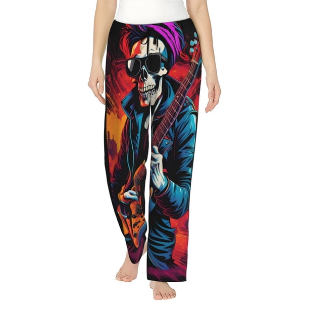 Fotbe Rock Skull Singer Pantalones de Pijama para Mujer, Pantalones de Dormir, Pantalones Pj con Cordón y Bolsillos-XX-Large