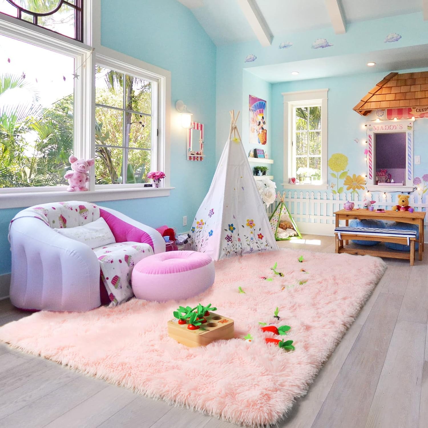 SUSUZI 5' x 7' Shaggy Area Rug, 2" Thick Ultra Plush Fluffy Carpet with Non-Slip PVC Backing, Pink Modern Soft Rug for Bedroom Living Room Kids Room