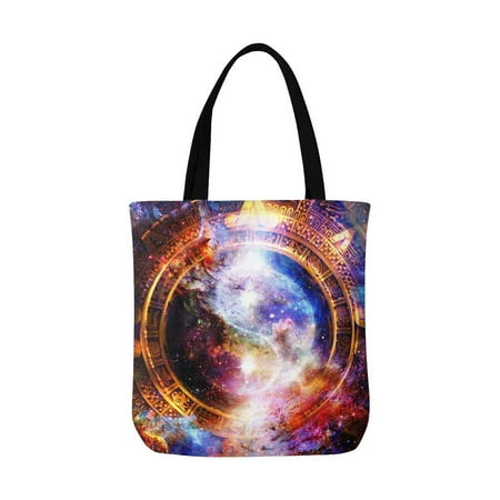 ASHLEIGH Yin Yang Symbol in Galaxy Space Ancient Maya Calendar Canvas Tote Bag Resuable Grocery Bags Shopping Bags Perfect for Crafting Decorating for Women Men