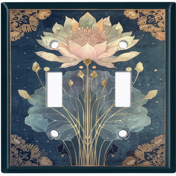 Metal Light Switch Wall Plate Outlet Cover (Printed Image of Stylized Lotus Flower - Double Toggle)