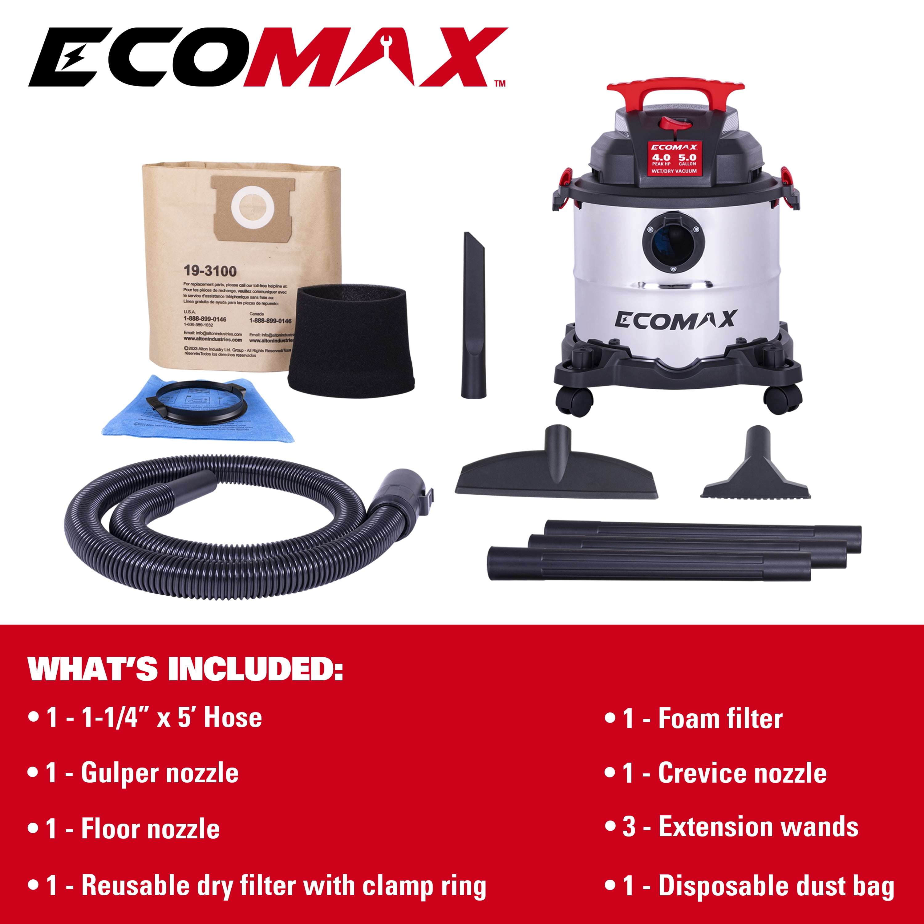 Ecomax 5 Gallon 4 HP Stainless Steel Wet/Dry Vacuum