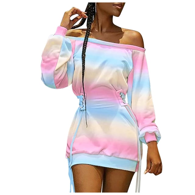 HBFAGFB Women Dress Off Shoulder Gradient Color Block Long Sleeve Trendy Drawstring Skirt Multicolor Size M