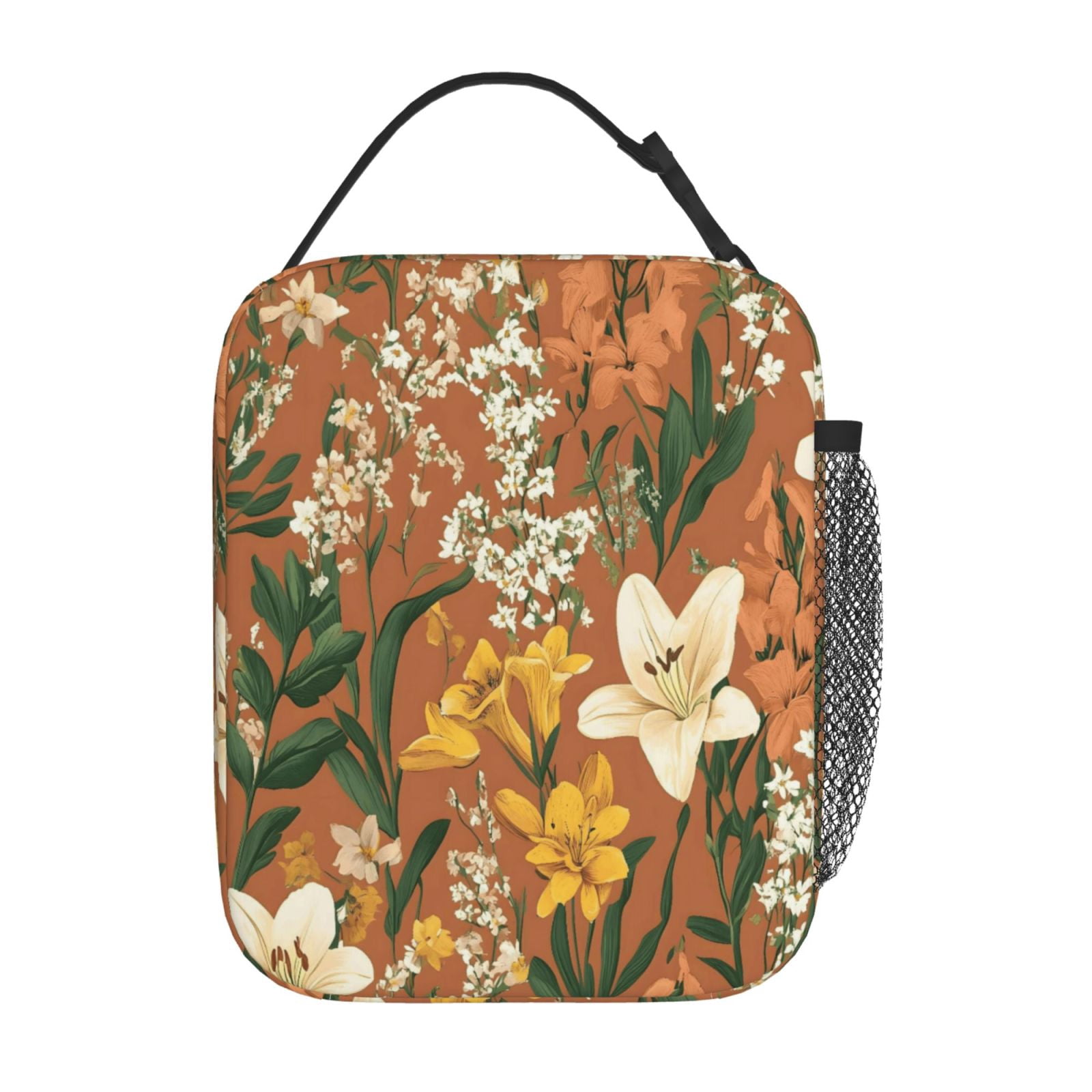 Lunch Bag For Women Men Insulated Portable Lunch Box Bento Box Office Picnic Travel Cooler Bag Yellow Background With Flowers