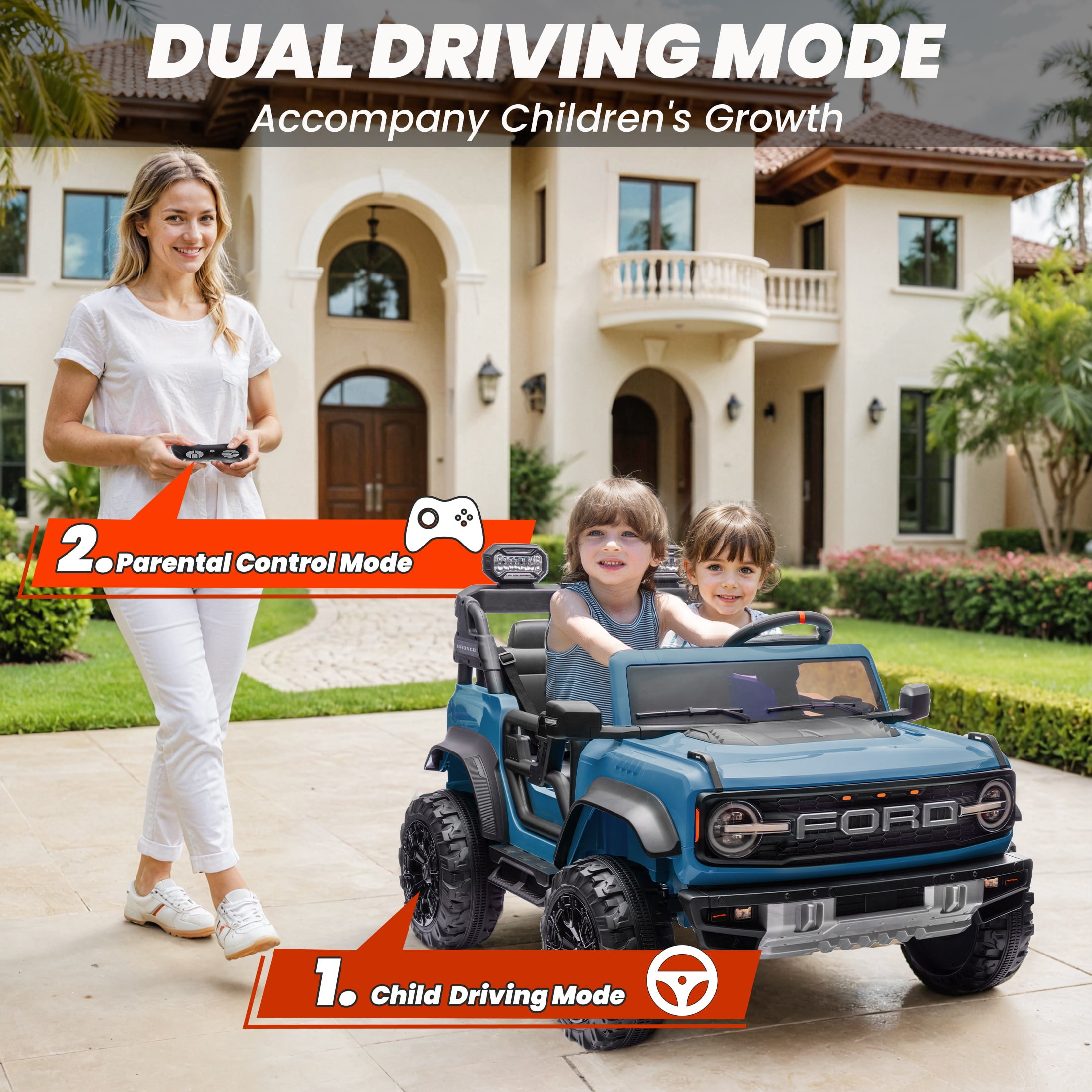 24V 2 Seater Ride on Cars for Big Kids, Licensed Ford Bronco Raptor Powered Ride on Toy Truck with Remote Control, Spring Suspension, Bluetooth, LED Light, Electric Car for Kids 3-8 Boys Girls, Blue