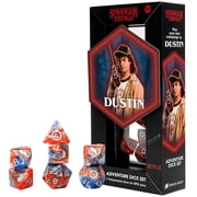 Stranger Things: Adventure Dice - Dustin - 7pc RPG Set, Orange Blue Swirl, Silver Icons, Bard Class, Collectible Roleplaying Game Accessory, Licensed