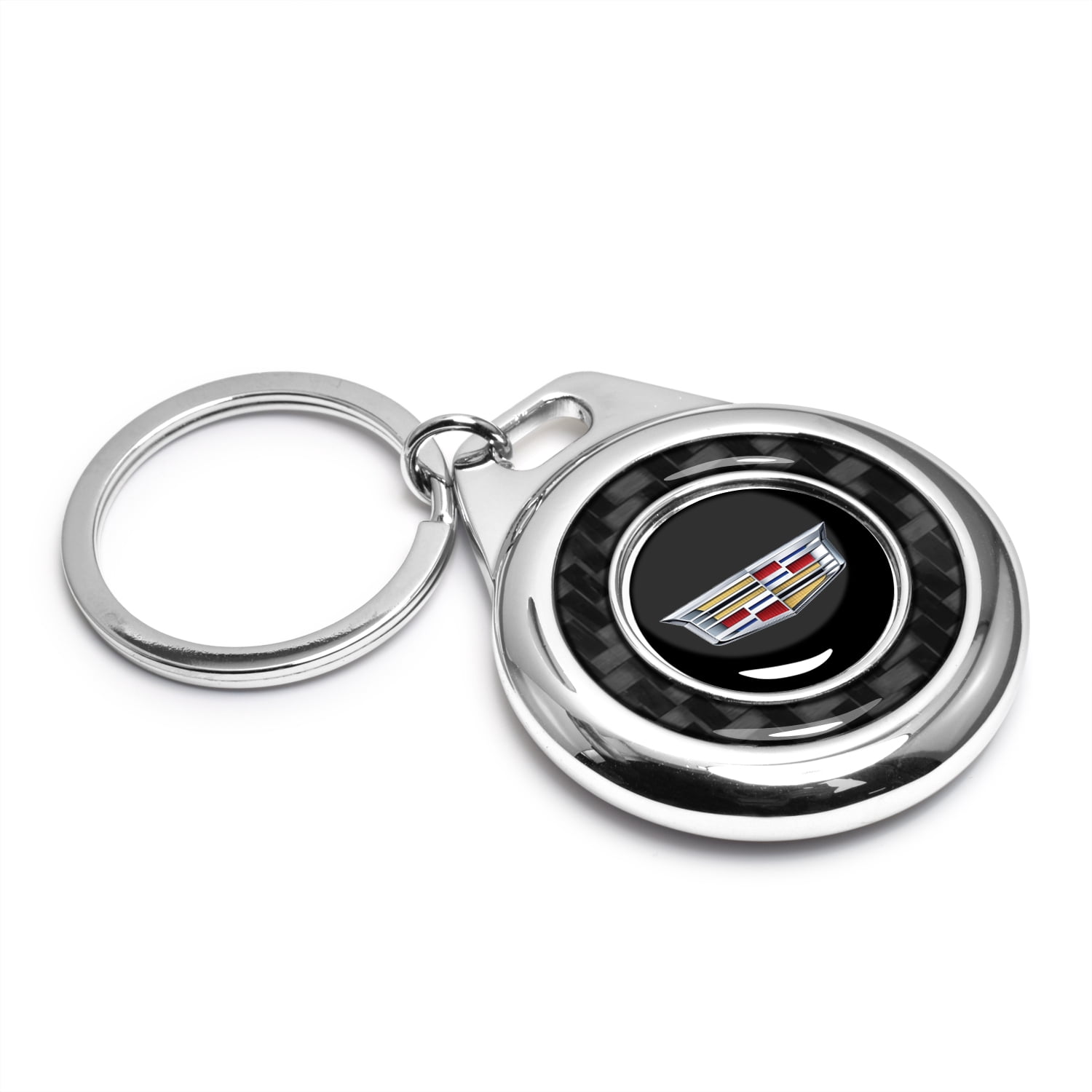 iPick Image for Cadillac Crest Logo Real Black Carbon Fiber Chrome Roundel Metal Case Key Chain, Official Licensed