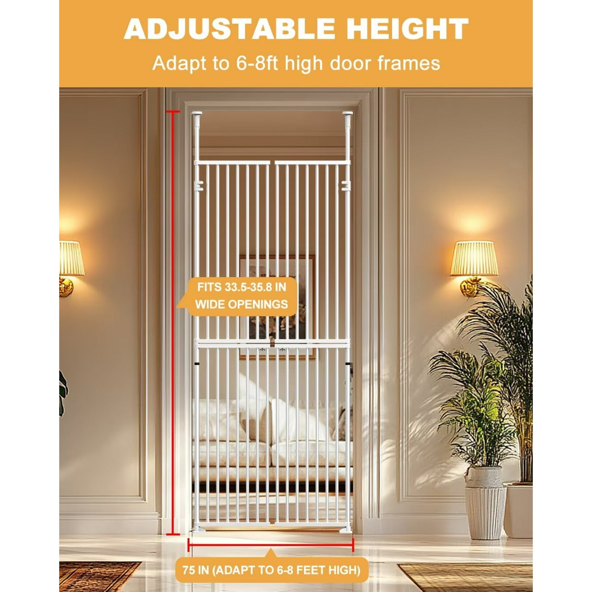 Zikebtuy 75-96 Inch Extra Tall Cat Pet Gate, Adjustable 33.4"-35.8" Wide, No Drilling Pressure Mounted, Walk Through Swing Safety Gate for Pets, Double Door for Doorways, Stairs, Kitchen, House