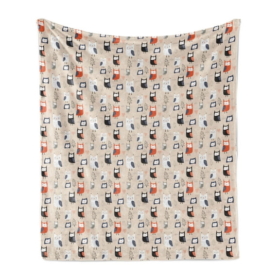 Owl Print Soft Flannel Fleece Throw Blanket, Childish Sketchy Pattern of Funny Birds Outline Trees and Spots, Cozy Plush for Indoor and Outdoor Use, 60" x 80", Pale Peach Multicolor, by Ambesonne
