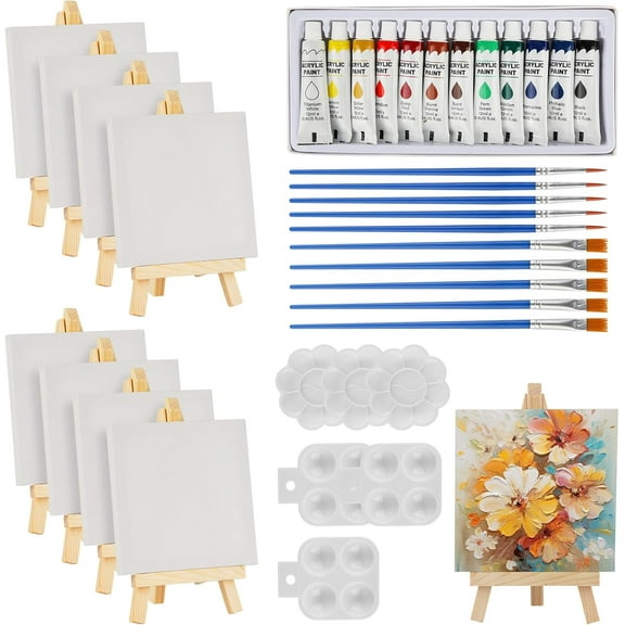 44pcs Mini Canvas and Easel, Small Canvas Painting Set Includes 4 x 4 Inches Canvases, Paint Brushes, Paint Palette and Acrylic, Wooden Mini Easels with Art Canvases for Artists Art Party