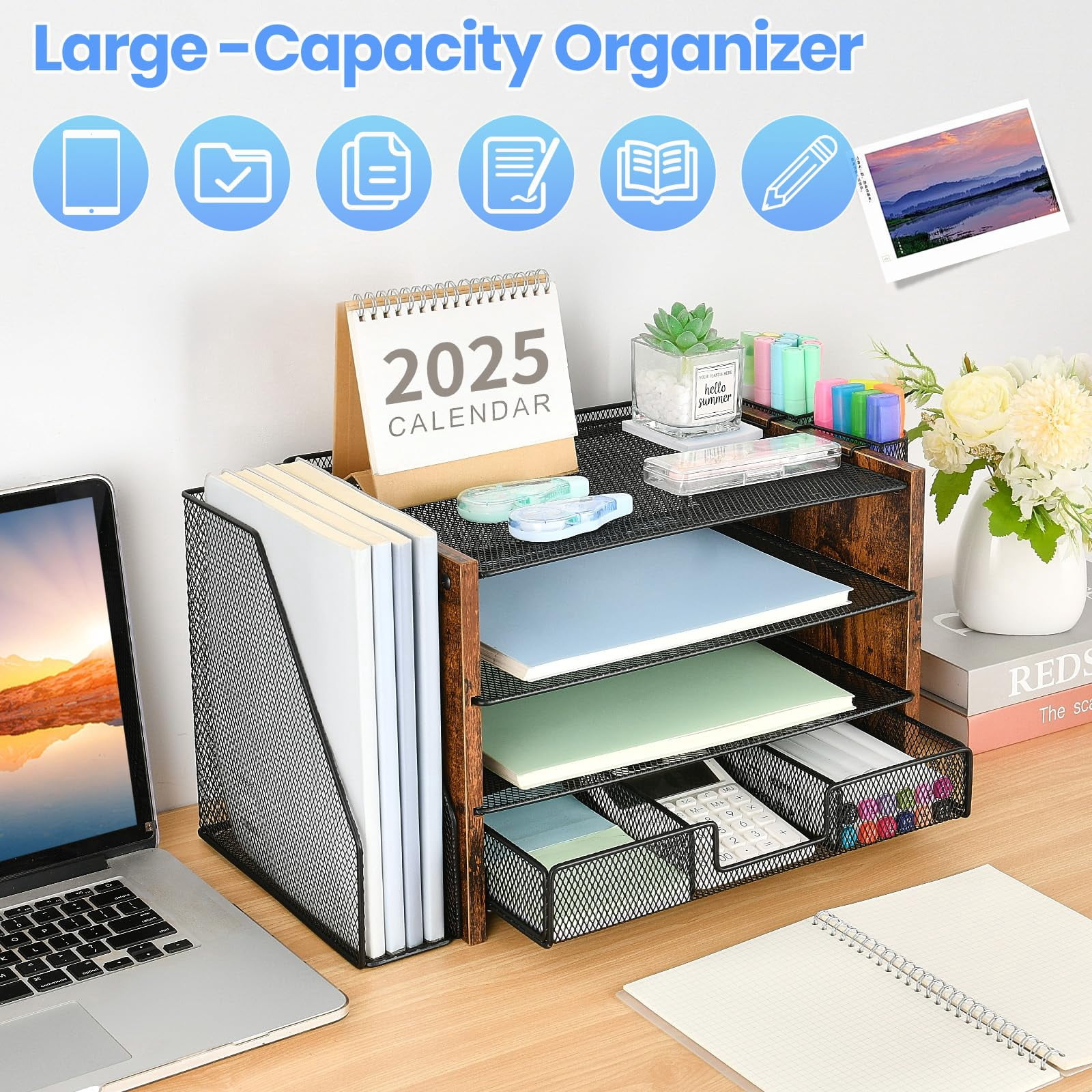 Desk Organizer  4-tier Desktop File With Drawer And 2 Pen Holders Office Accessories Sorters Workspace Organizers For Supplies(brown Wood)