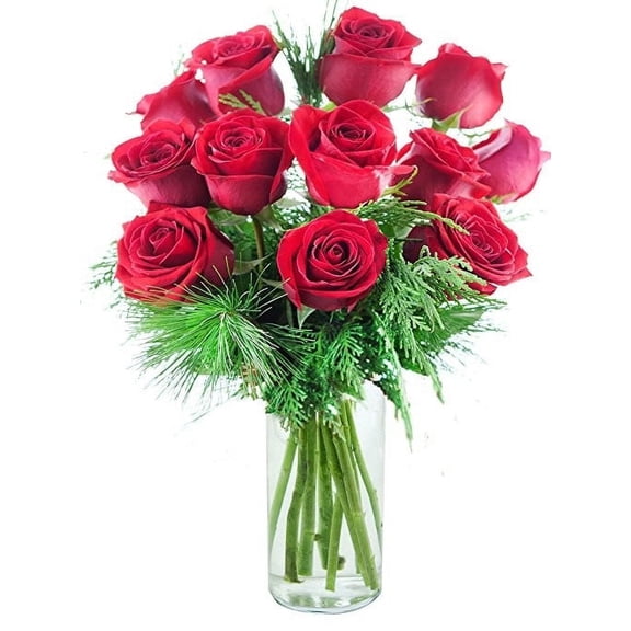 KaBloom : 12 Red Roses, 3 greens in vase, Next-Day Delivery, Gift for Every Occasion.