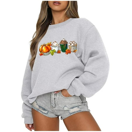 Virmaxy Womens 2024 Halloween Round Neck Printed Long Sleeve Loose Top Sweatshirt Long Sleeve Crew Neck Top/Shirt Gray-1 XL