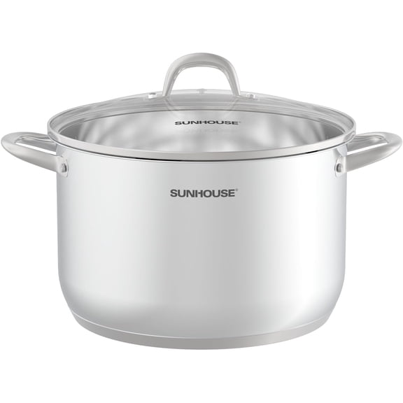 SUNHOUSE 13-Quart Stainless Steel Stockpot w/Tempered Glass Lid - Heavy-Duty, Food-Grade Cookware for Simmering, Boiling, and Induction Cooking - Exceptional Heat Distribution