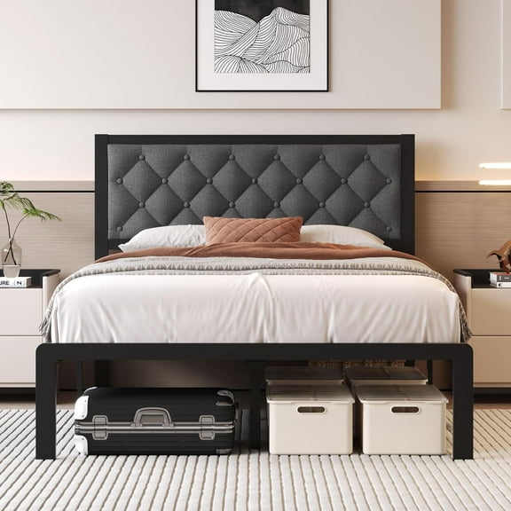 Queen Bed Frame with Headboard PU Leather Upholstered Bed Frame Platform,All Metal Slats Support Platform Bed Frame with Storage Space,Easy Assembly,Noise Free,No Box Spring Needed,Grey