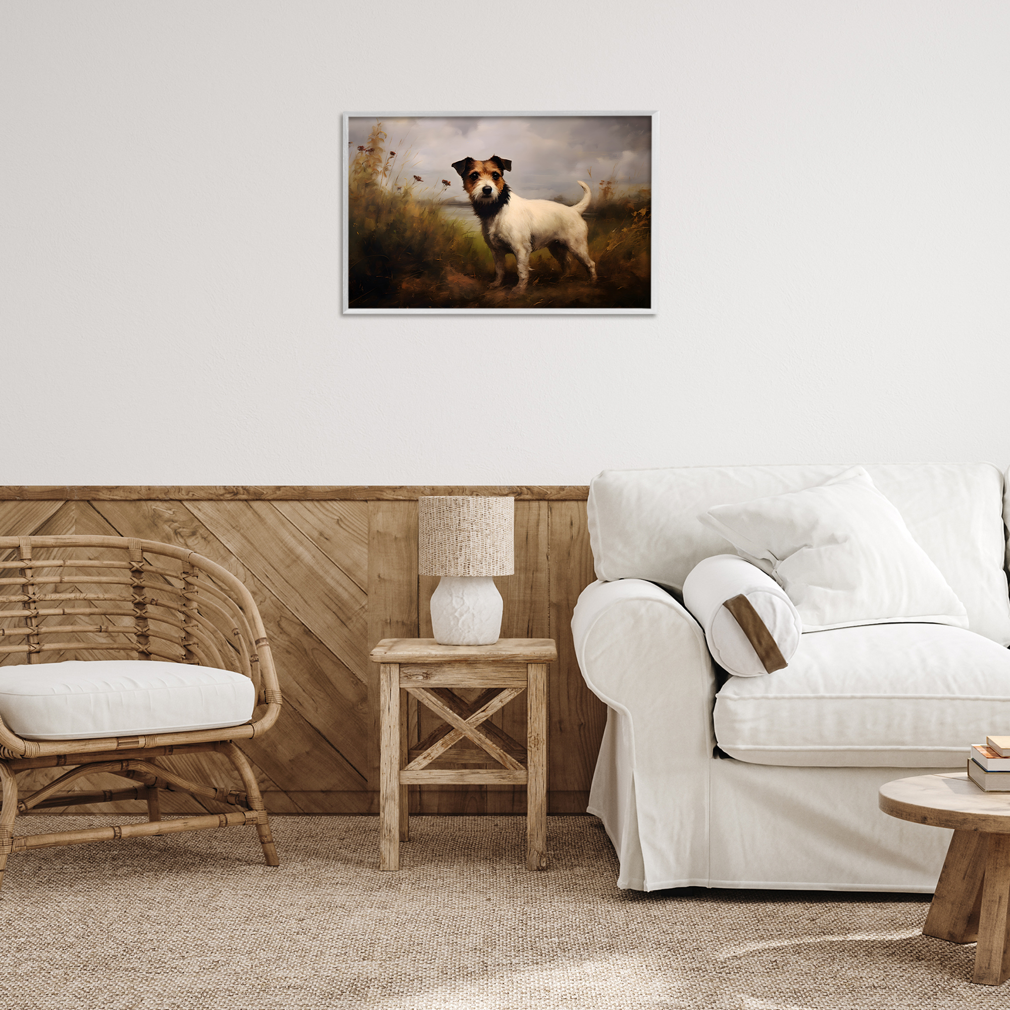 Stupell Industries Jack Russell Terrier Landscape Landscape Painting White Framed Art Print Wall Art, 24 x 16