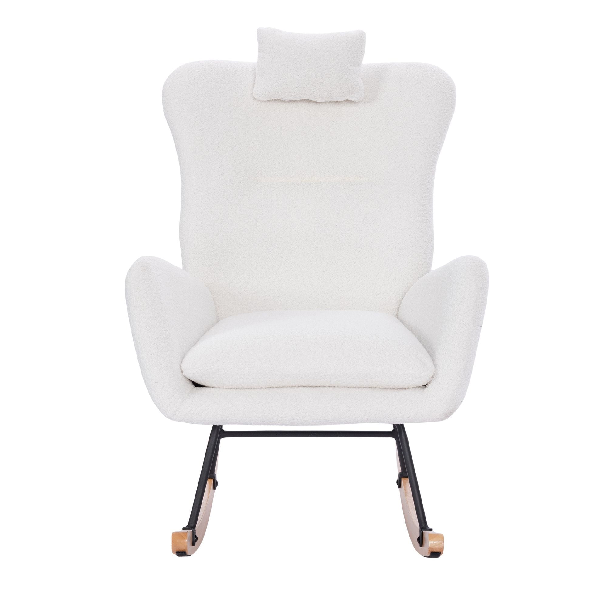 PORKISS Modern Rocking Chair, Upholstered Teddy Fabric Accent Chairs with High Backrest, Glider Rocker Comfortable Armchair with Padded Seat for Living Room Bedroom Playroom, White