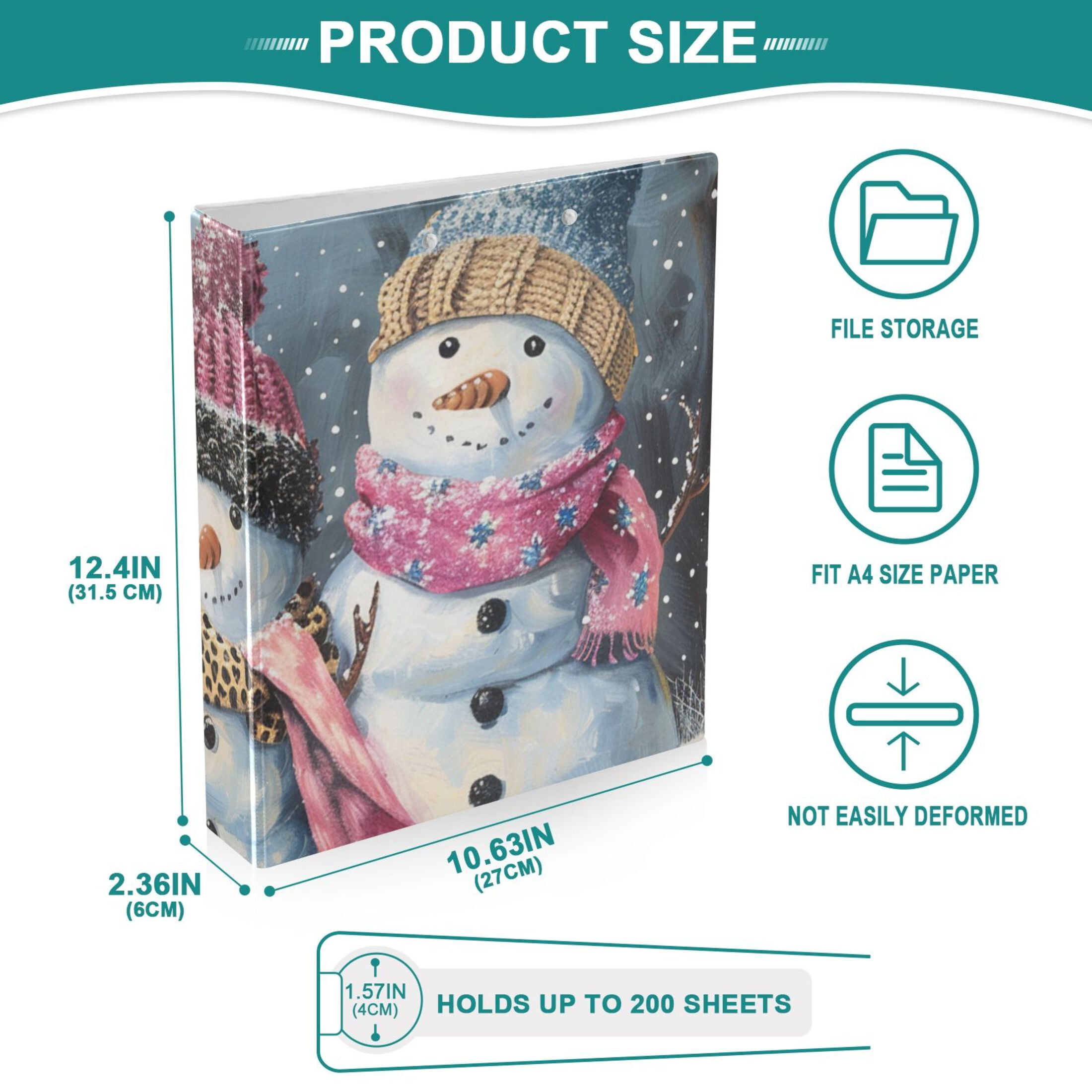 Snowmen Scarf 3 Ring Binders 1.5 inch Hardcover File Folders with Interior Pockets A4 Size Organizer for School Office Hospital