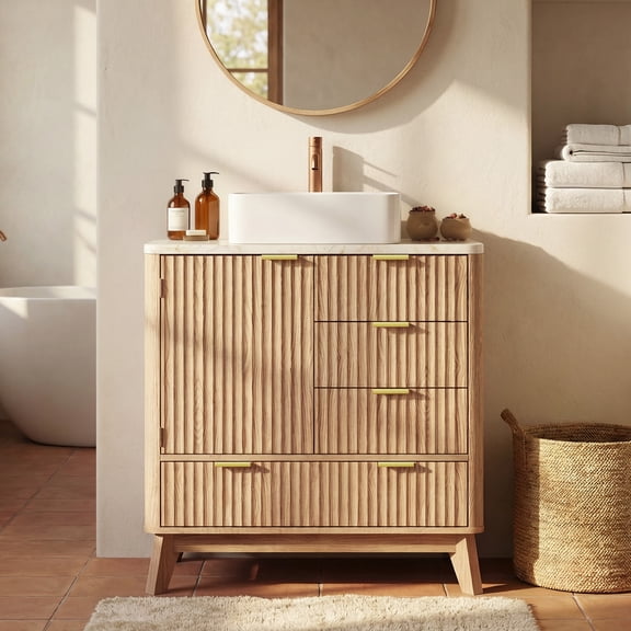 Concho 31'' Fluted Bathroom Vanity with Ceramic Sink, Modern Bathroom Sink Storage Cabinet with Engineered Marble Top & 4 Spacious Drawers, Freestanding Bathroom Vanity Cabinet, Natural Oak