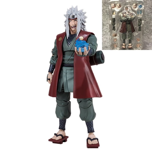 figuras de acción de naruto shippuden de 16cm, Jiraiya articulado de PVC en vista frontal 3/4, 16cm, abrigo rojo sobre túnica verde oscuro, cabello blanco y bandana de Konoha, mano derecha extendida con esfera azul tipo Rasengan, articulaciones visibles en hombros, codos y rodillas, sandalias zori; inserto muestra blister con manos y accesorios intercambiables; suele usarse como pieza de colección para estanterías de coleccionables y regalo para fans de anime.