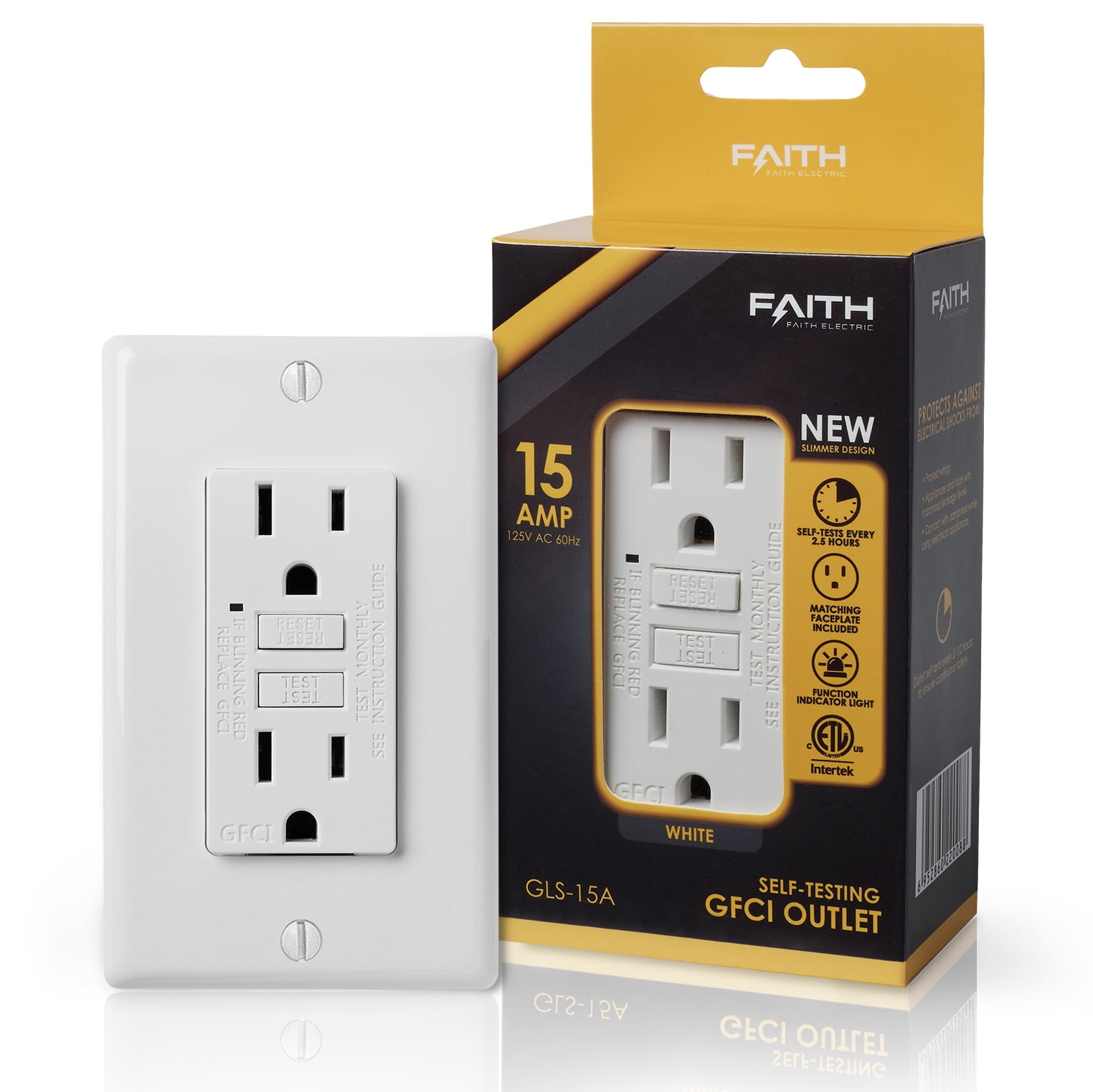 Faith 15A GFCI Outlets, Slim, Non-Tamper-Resistant GFI Duplex Receptacles with LED Indicator, Self-Test Ground Fault Circuit Interrupter with Wall Plate, ETL Listed, White, 10 Pack