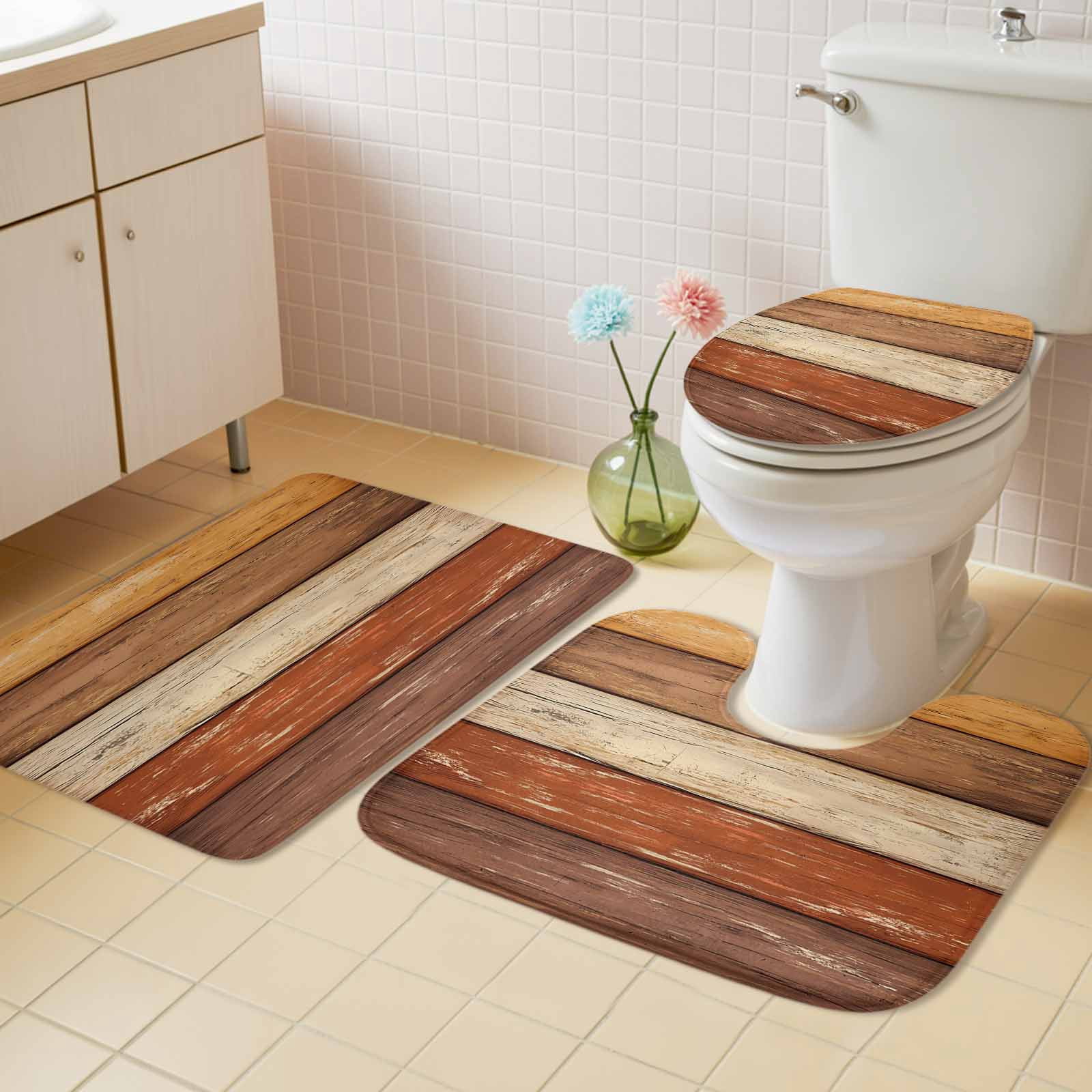 3 Piece Bathroom Rug Set, Orange Brown Wood Grain Non Slip Bath Mat with Contour Toilet Mat and Lid Cover, Vintage Farmhouse Country Style Absorbent Soft Shower Mats for Bathroom