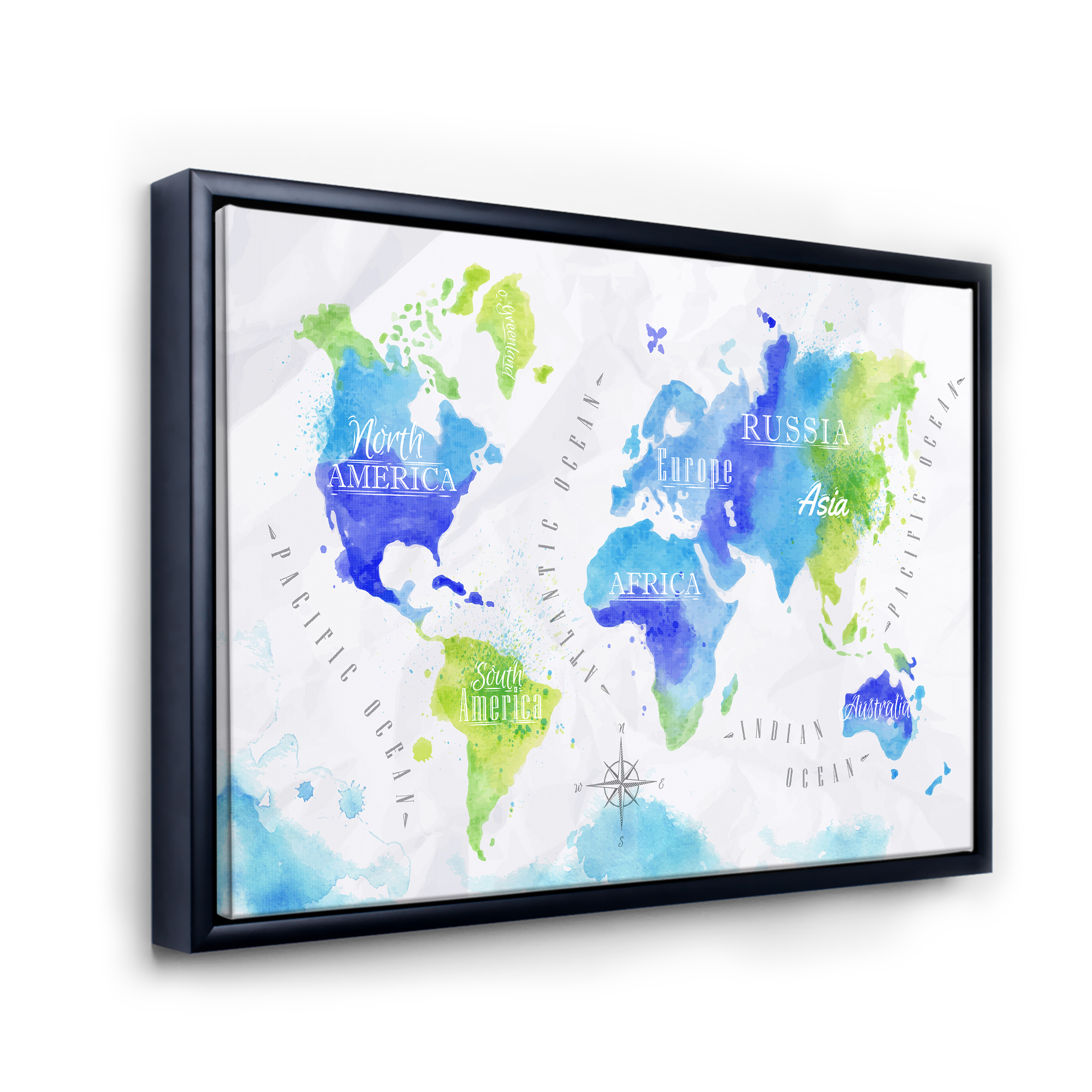 Designart 'World Map In Blue and Green' Modern Framed Canvas Wall Art Print