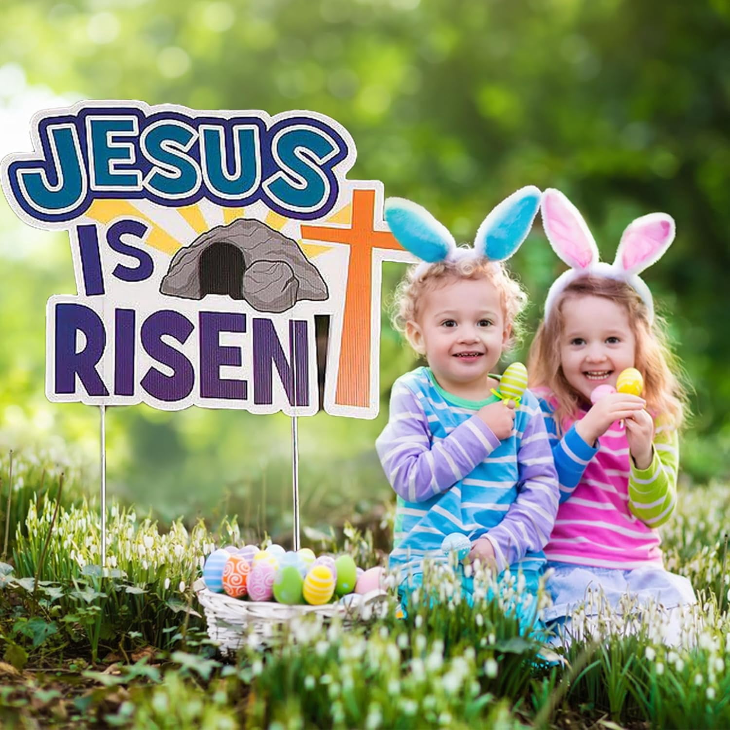Fun Express 4 Pieces He Is Risen Yard Signs for Easter, Religious Easter Decor, Home Decor