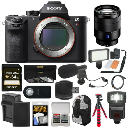 Sony Alpha A7R II 4K Wi-Fi Digital Camera Body with T* FE 24-70mm f/4.0 Lens + 64GB Card + Battery + Charger + Backpack + Flash + LED + Tripod Kit