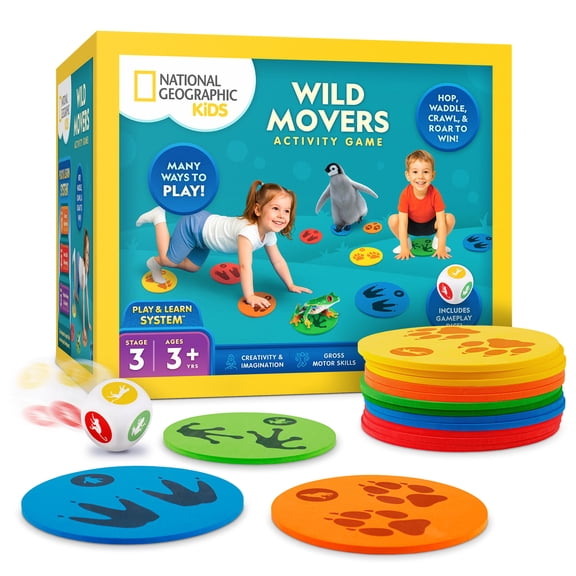 National Geographic Kids Wild Movers Animal Activity Game for Kids Ages 3 , Active Play Movement Game with Dice, Landing Pads & Play & Learn Cards