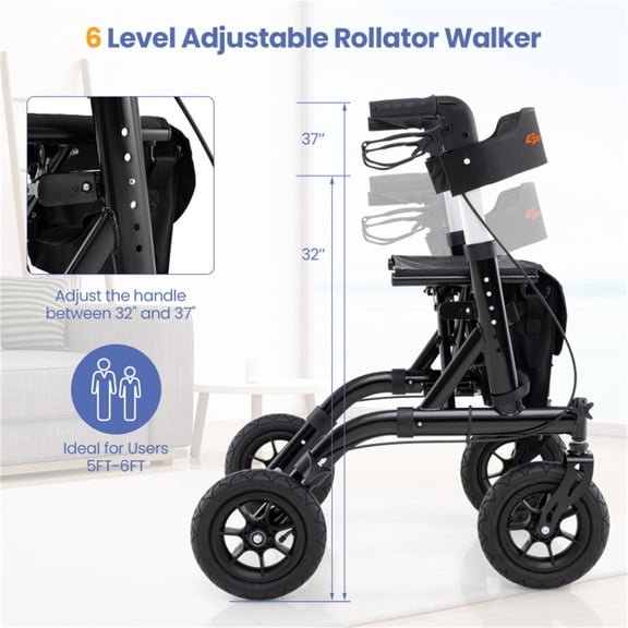 Outdoor Rolling Rollator Walker: 9.5" All-Terrain Wheels, 6-Level Adjustable (32"-37"), Foldable, Padded Seat, Storage Bag Umbrella Holder