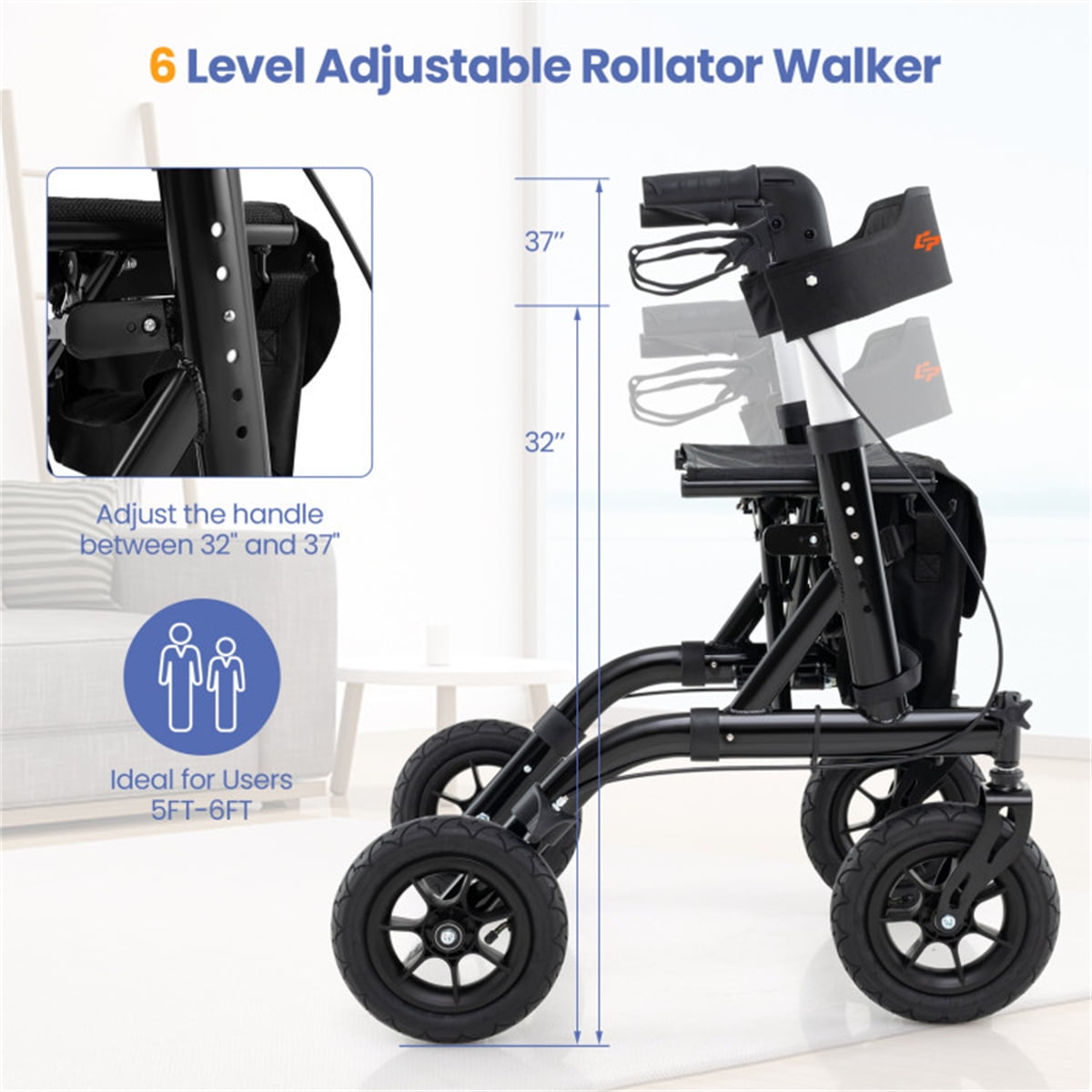 Outdoor Rolling Rollator Walker: 9.5" All-Terrain Wheels, 6-Level Adjustable (32"-37"), Foldable, Padded Seat, Storage Bag+Umbrella Holder