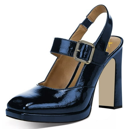

YDN Women Classic Chunky High Heel Pumps Square Toe Elastic Slingback Strap Buckle Shoes for Wedding Bridal Event Size 9.5 Blue