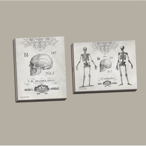 Elegant Black and White Skeleton and Skull Set; One 14x11in and One 11x14in Stretched Canvas