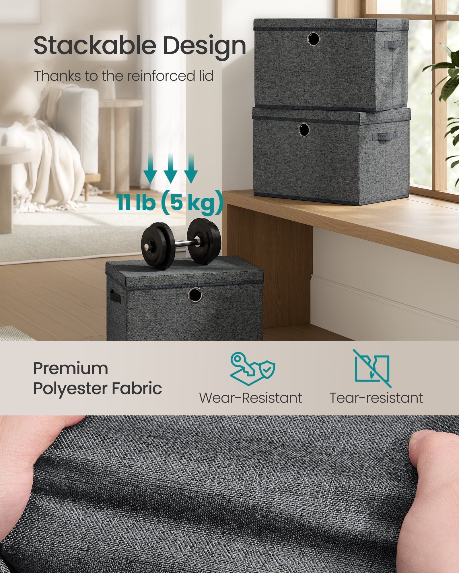 SONGMICS Storage Bins with Lids, 3 Pack Stackable Fabric Storage Boxes, Odorless PP Sheets, Foldable Cube Baskets Organizers with Handles, Slate Gray